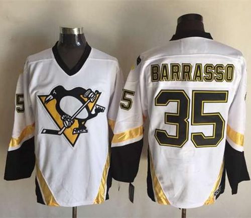 Penguins #35 Tom Barrasso White CCM Throwback Stitched NHL Jersey - Click Image to Close
